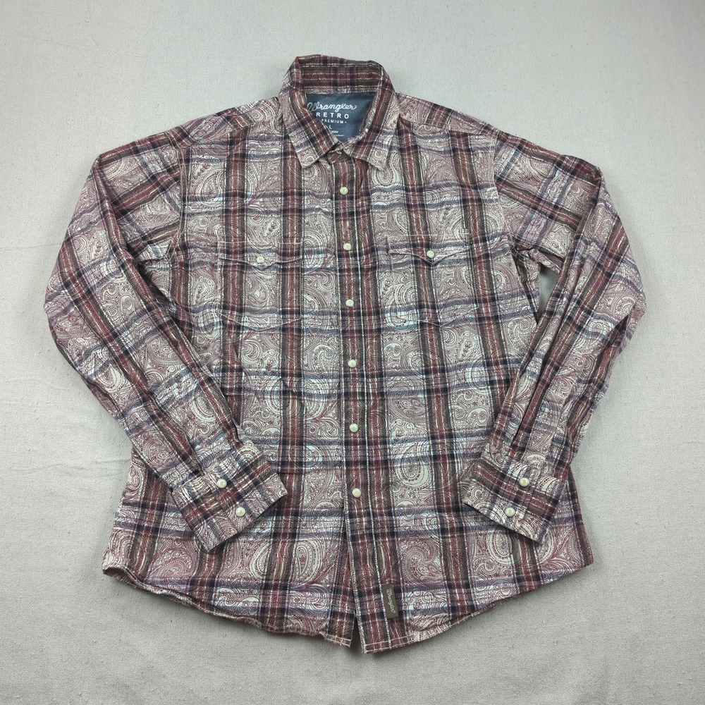 Wrangler Shirt Mens‎ Large Plaid Paisley Retro Western Cowboy Pearl Snap